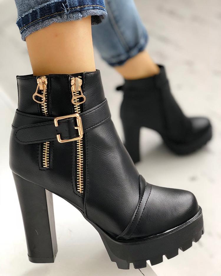 

Zipper Design Buckle Platform Chunky Heeled Boots, Black