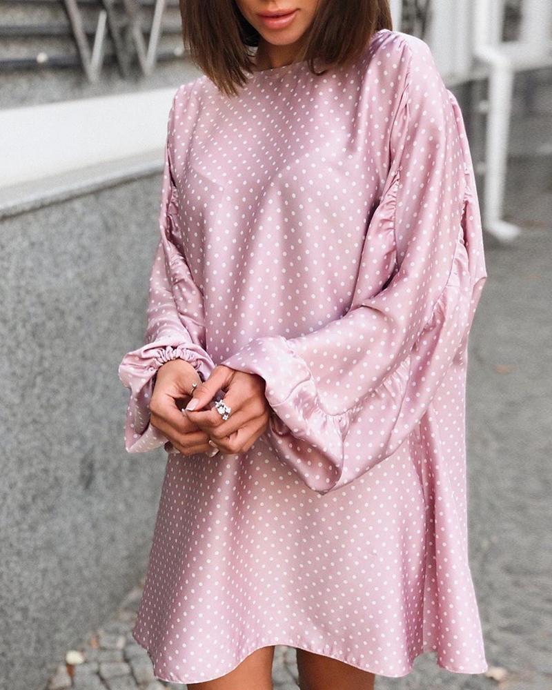 

Dot Print Lantern Sleeve Casual Dress, Pink