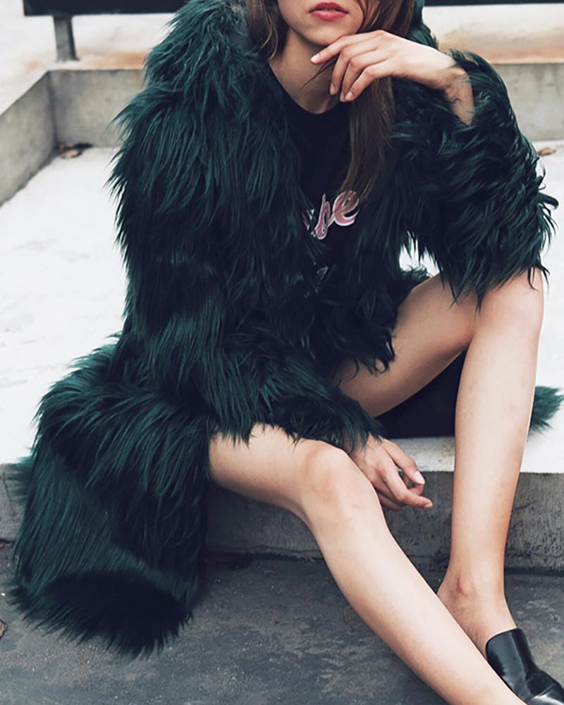 

Solid Fluffy Furs Longline Coat, Green