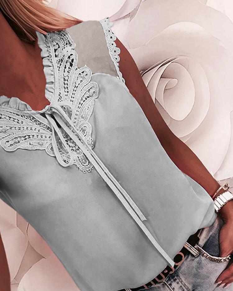 

Lace Applique Tied Neck Loose Blouse, Gray