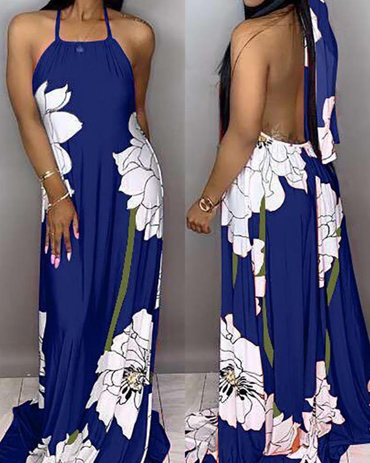 

Floral Print Halter Open Back Maxi Dress, Blue