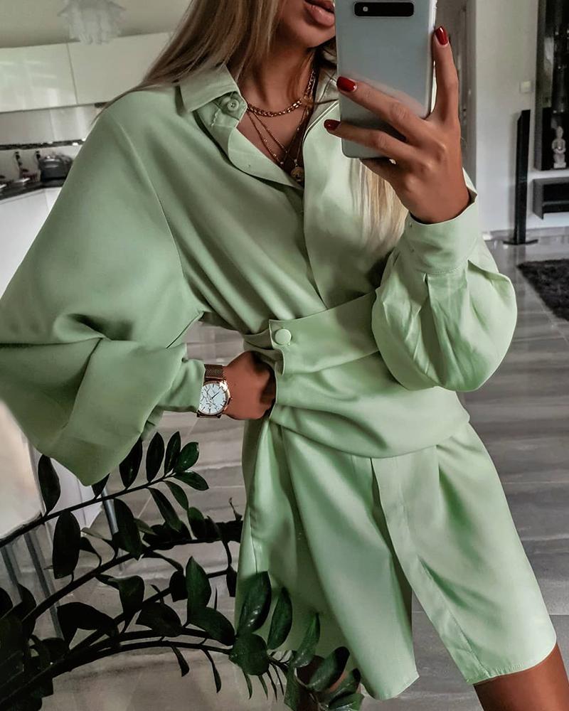 

Solid Lantern Sleeve Tight Waist Shirt Dress, Green