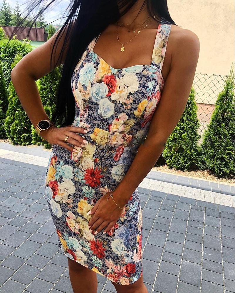 

Floral Print Thin Strap Bodycon Dress, Multicolor