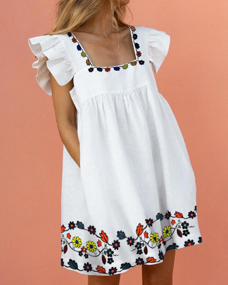 

Floral Print Square Neck Ruffles Dress, White