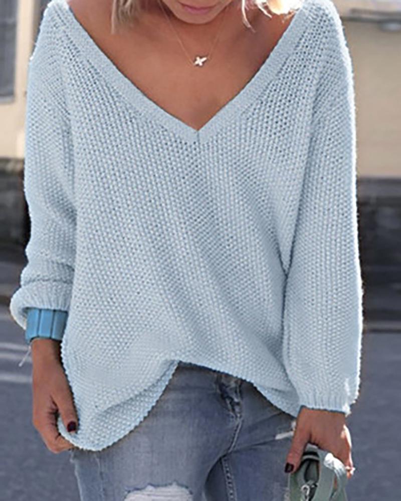 

Solid V Neck Long Sleeve Loose Pointelle Sweater