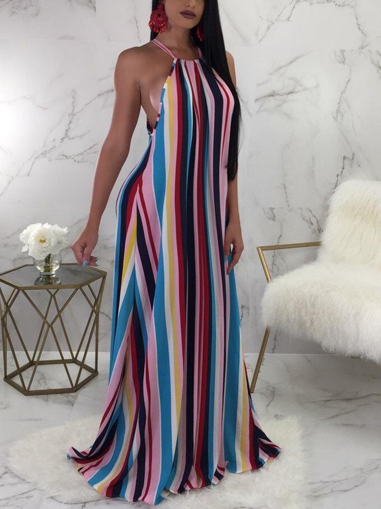 

Multicolored Striped Halter Casual Maxi Dress