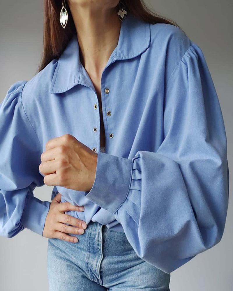 

Plain Lantern Sleeve Casual Shirt, Blue