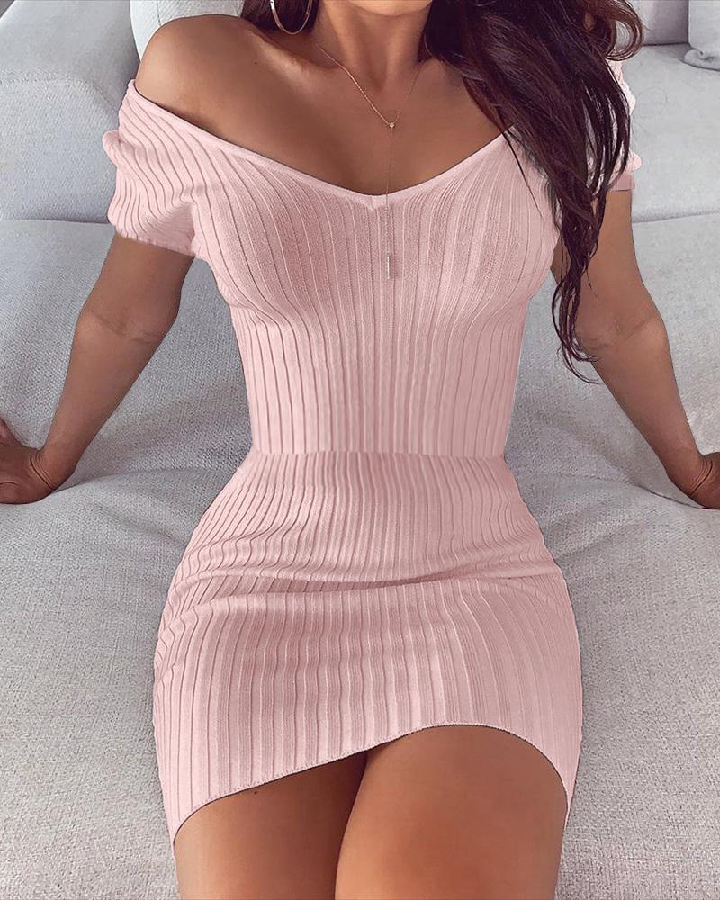 

Off Shoulder Ribbed Mini Dress, Pink
