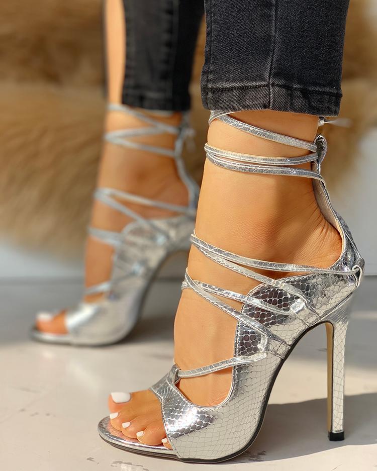 

Snakeskin Lace-Up Thin Heeled Sandals