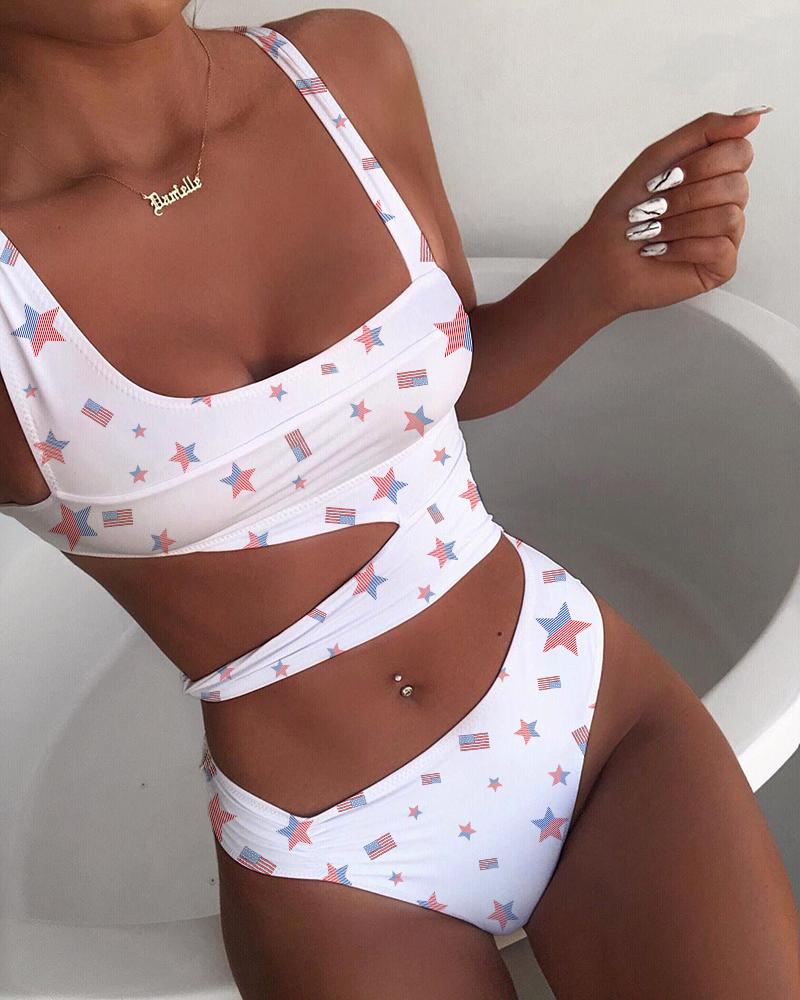 

Flag Star Print Cutout One Piece Swimsuit, White