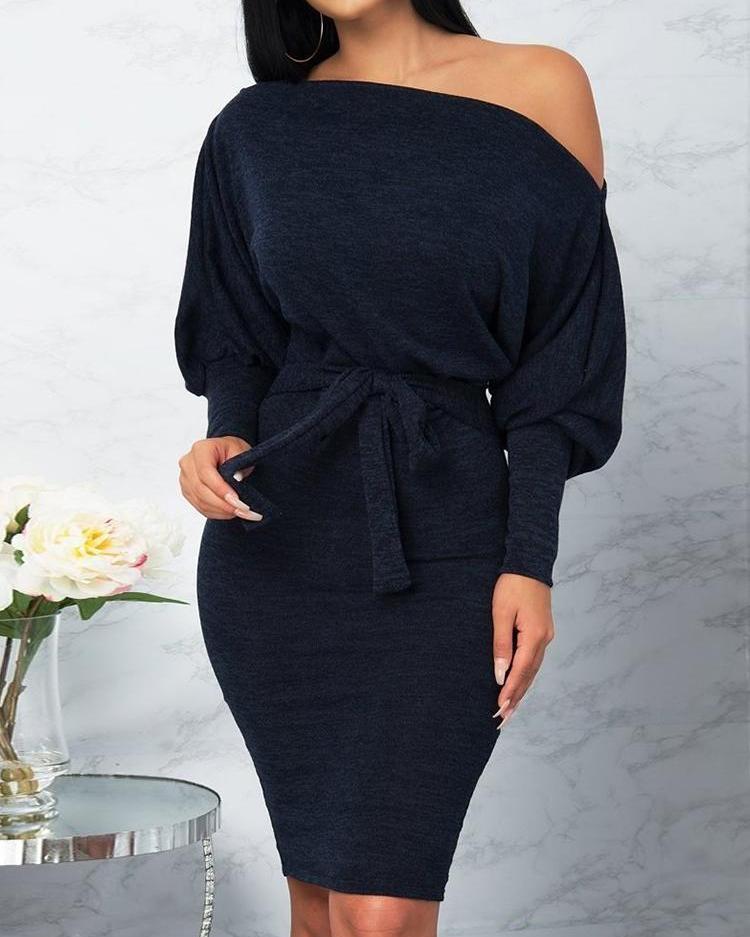 

Skew Neck Puffed Sleeve Belted Bodycon Dress, Dark blue