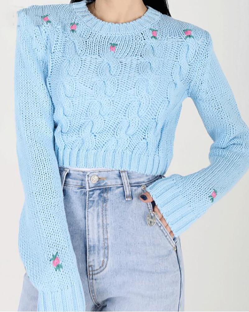 

Floral Pattern Knit Crop Top, Blue