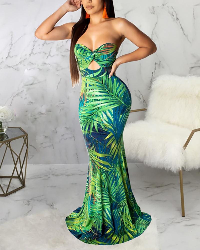 

Leaf Print Off Shoulder Mermaid Dress, Green