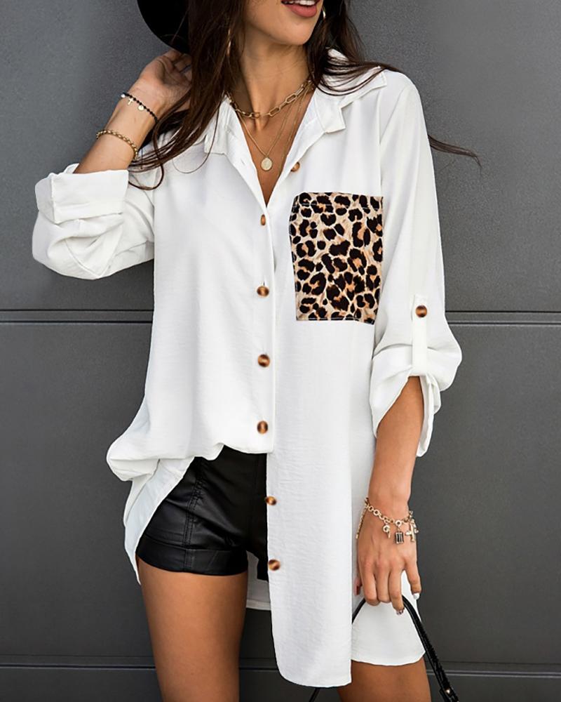 

Cheetah Print Pocket Button Design Casual Shirt, White