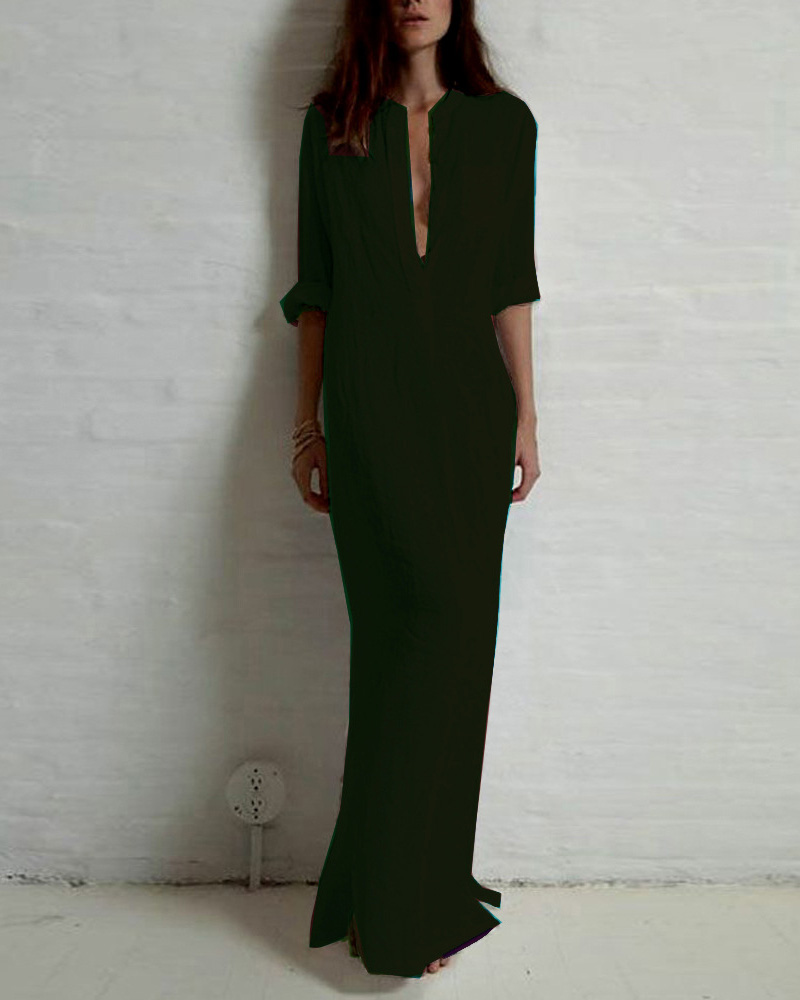 

Women's Long Sleeve Deep V Split Maxi Dress, Wine red