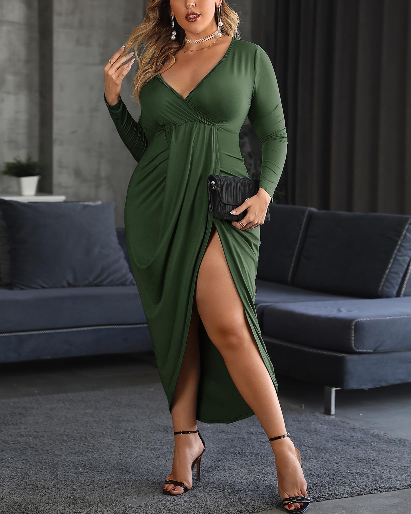 

High Slit Ruched Party Dress, Green