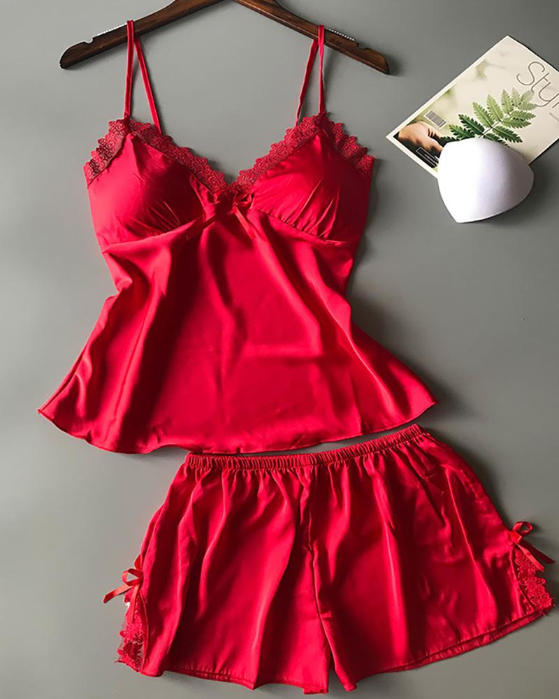 

V-neck Lace Trim Cami Set, Red