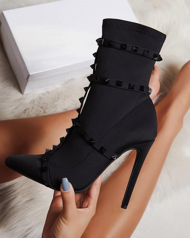 

Rivet Embellished Stiletto Ankle Boots, Black