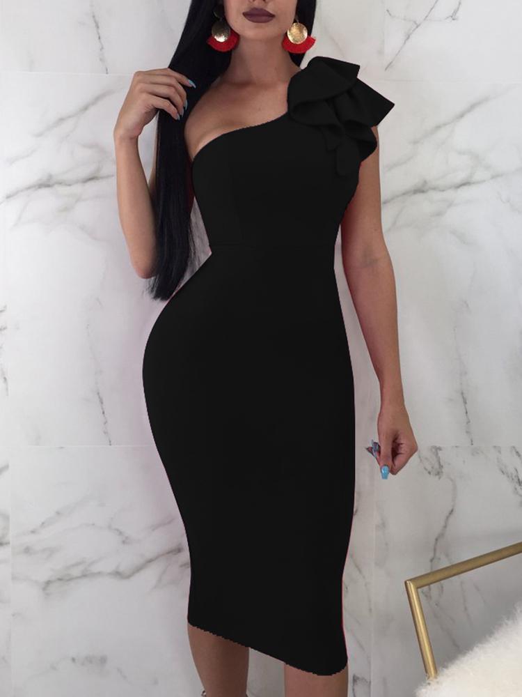 

Solid Ruffles One Shoulder Bodycon Dress, Blue