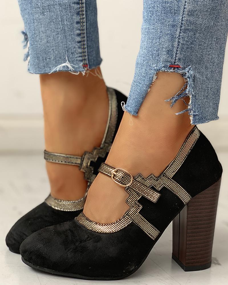 

Colorblock Suede Buckled Chunky Sandals, Black