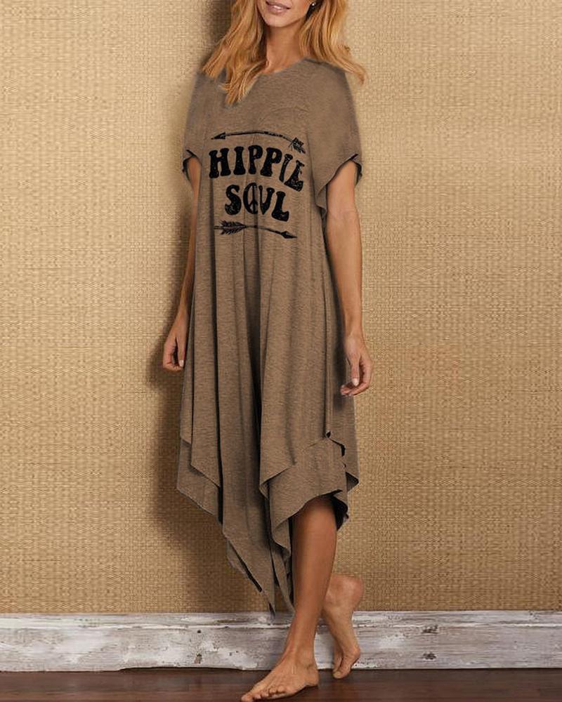 

Letter Print Round Neck Irregular Dress, Coffee