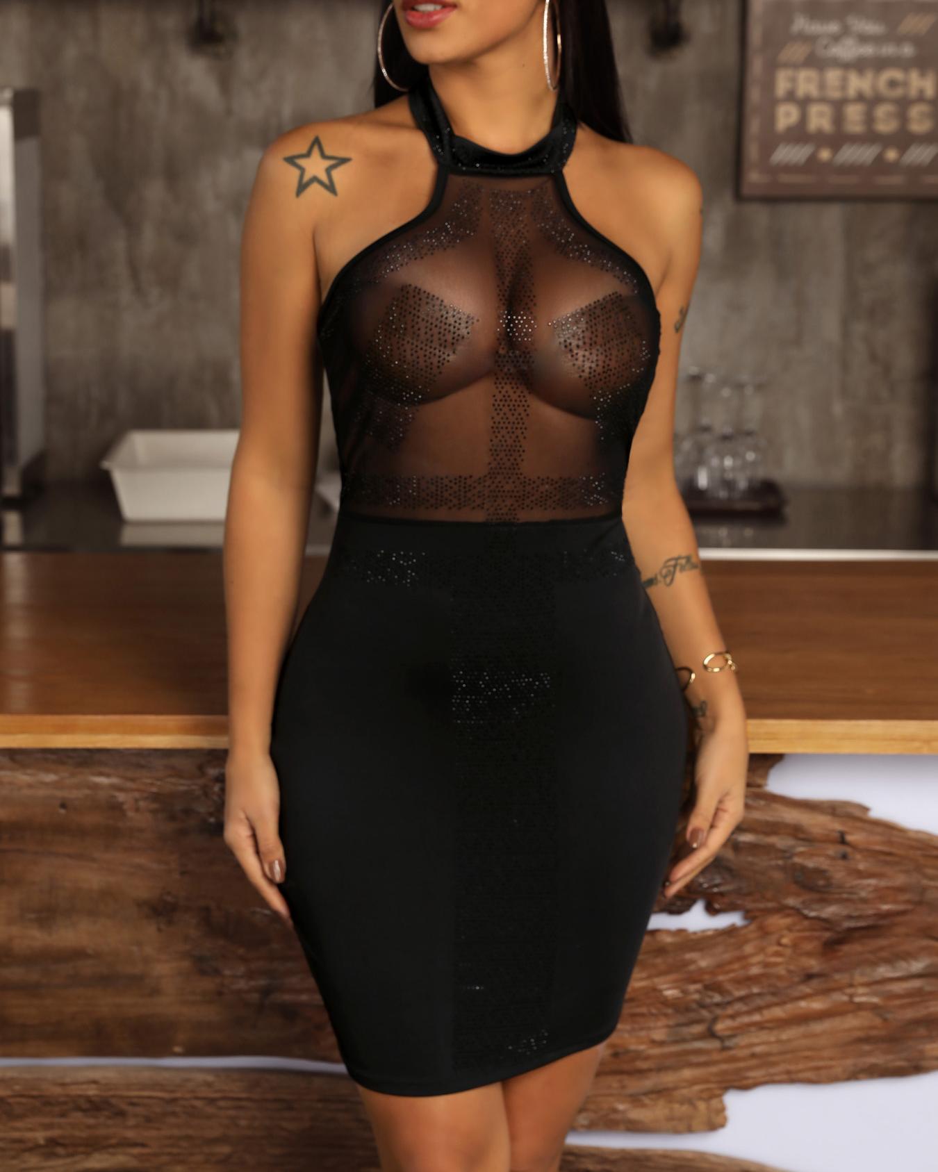

See Through Hot Stamping Halter Bodycon Dress, Black