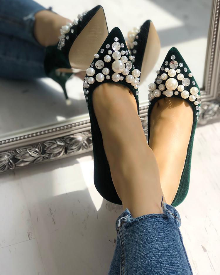 

Velvet Beaded Embellished Thin Pumps, Green