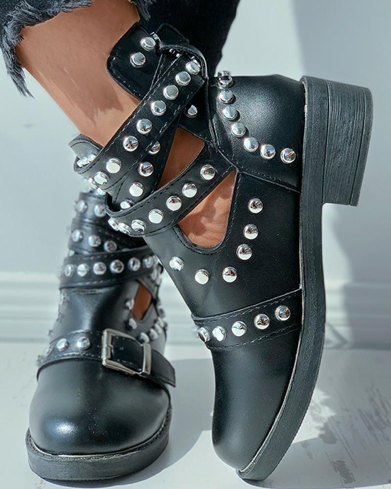 

Rivet Buckled Cutout Chunky Boots, Black