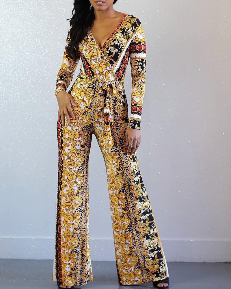 

Scarf Print Deep V Belted Jumpsuit, Yellow