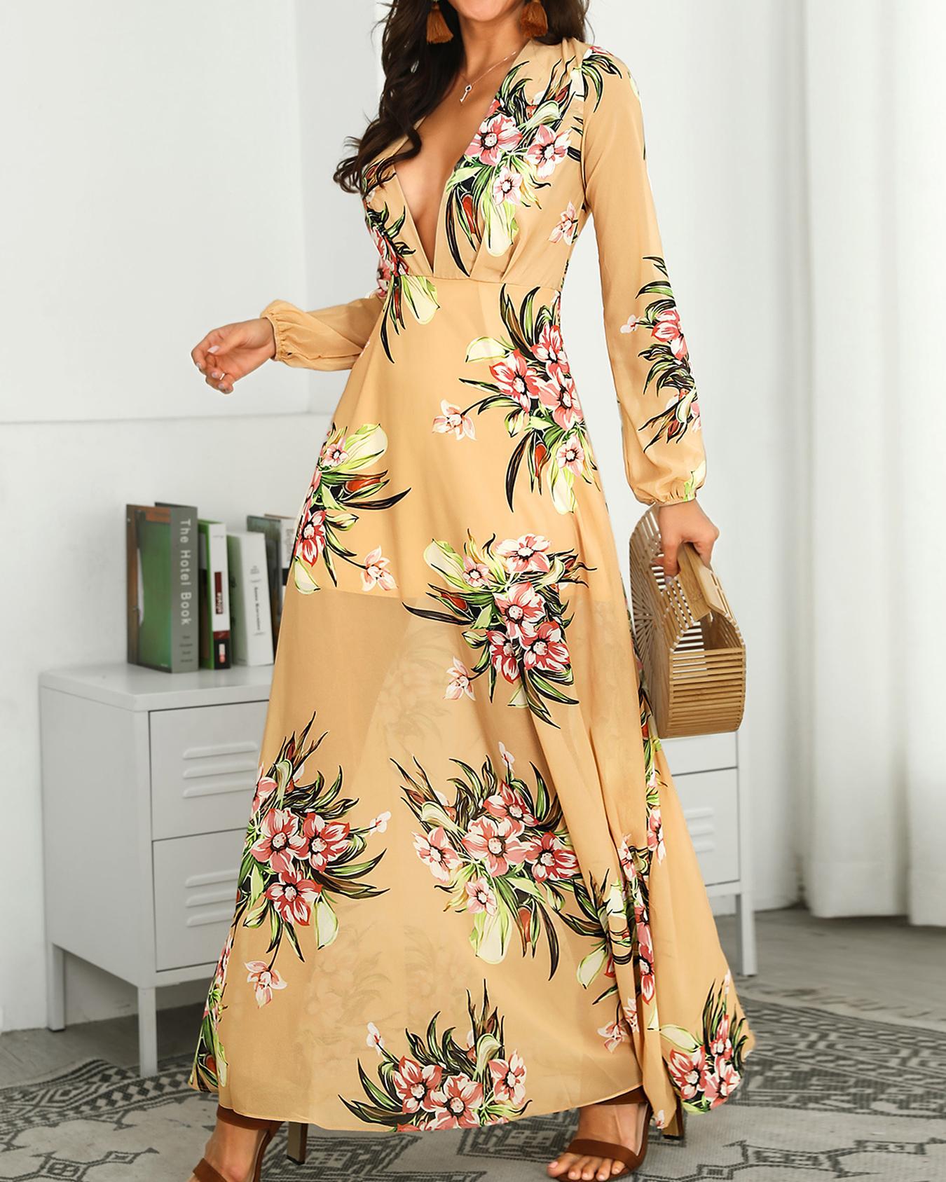 

Floral Flock Print Plunge Maxi Dress, Yellow