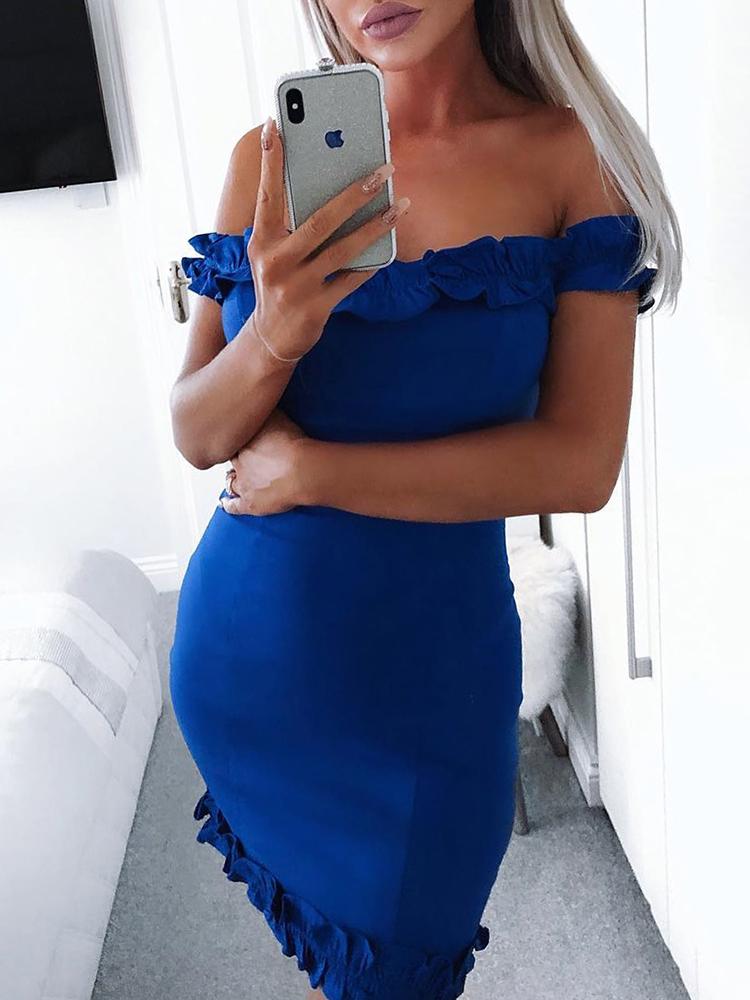 

Off Shoulder Frills Hem Bodycon Dress, Blue