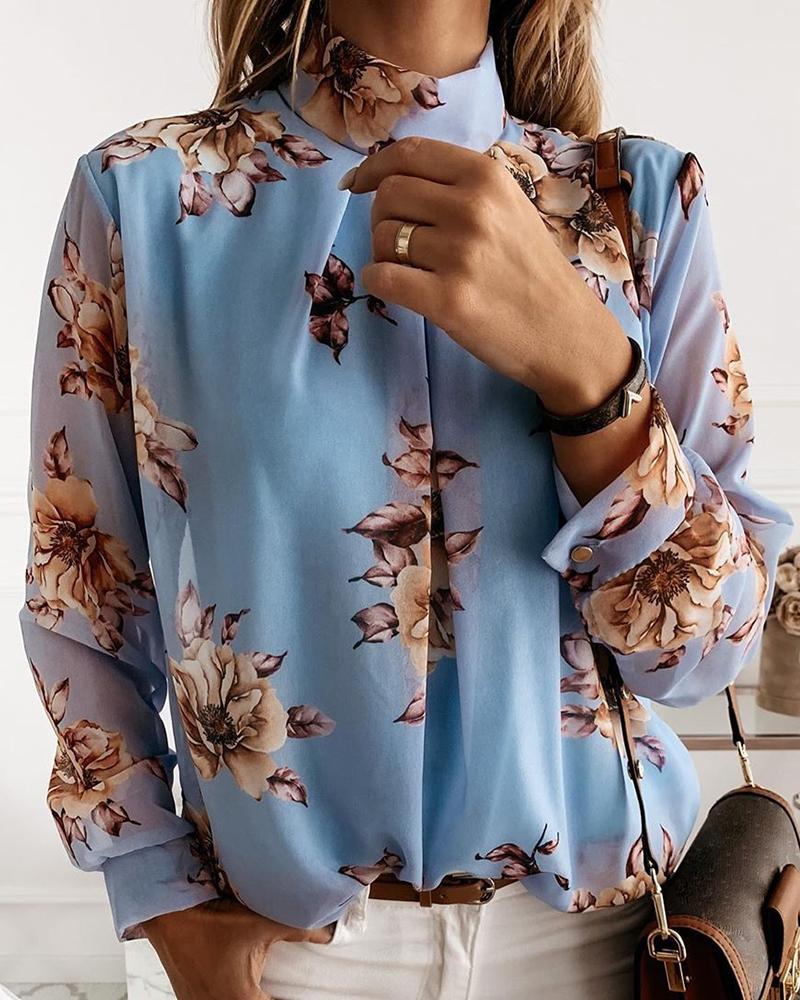 

High Neck Floral Printed Long Sleeve Top, Blue