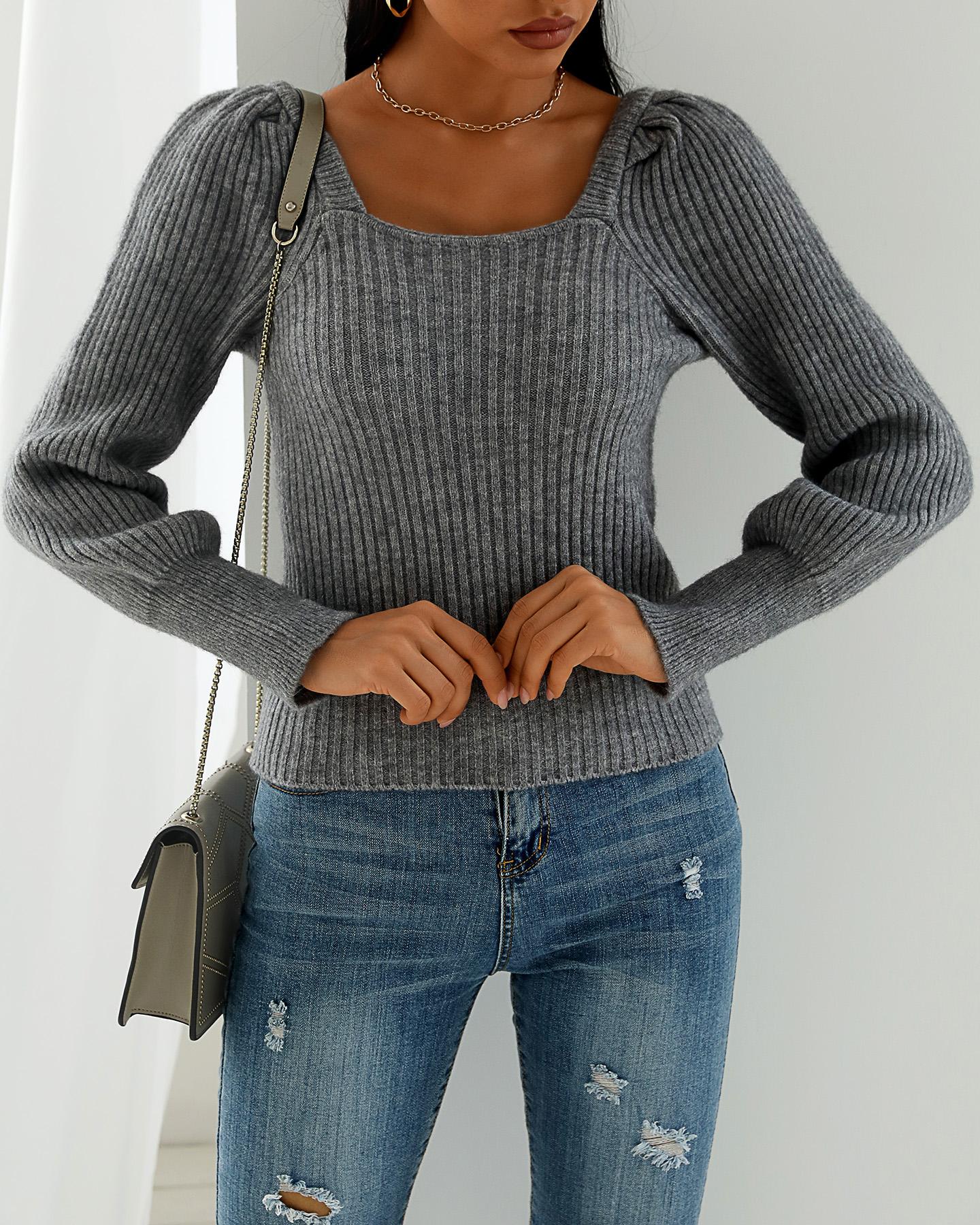

Solid Knit Long Sleeve Casual Sweater, Gray