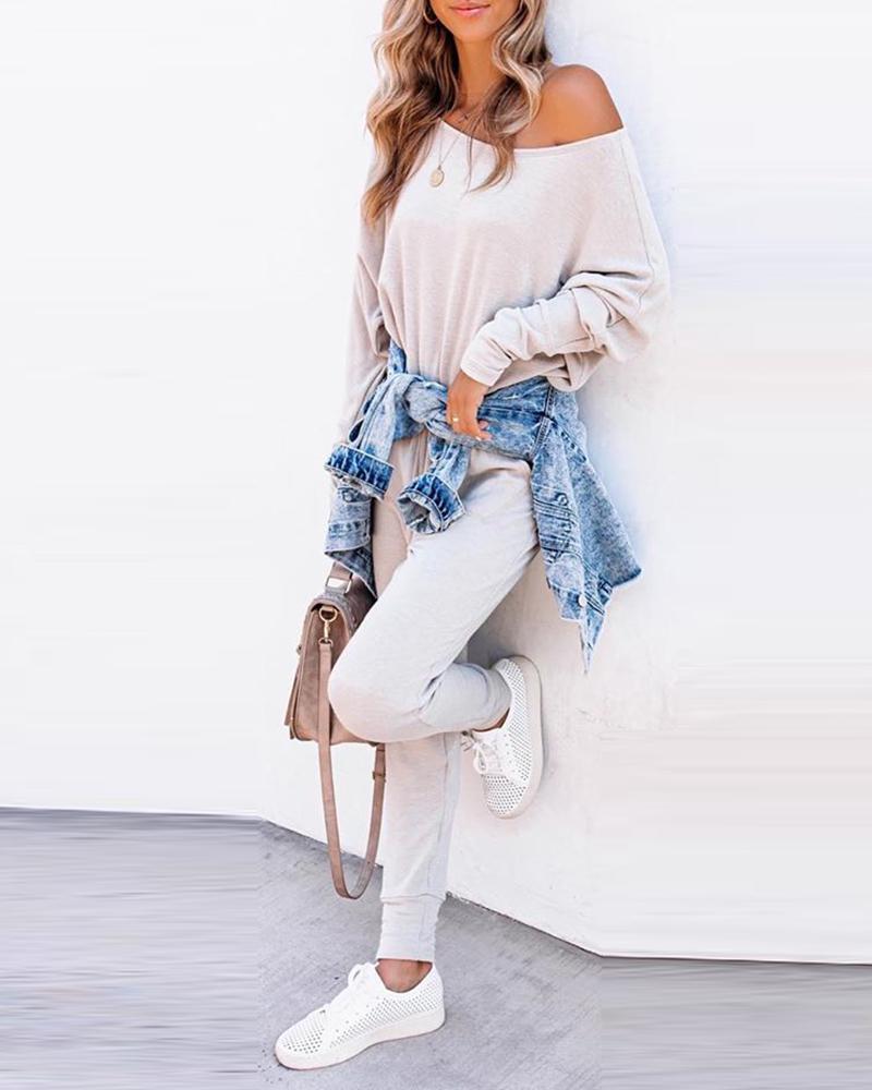 

Long Sleeve Casual Top & Drawstring Pants Set, Pink
