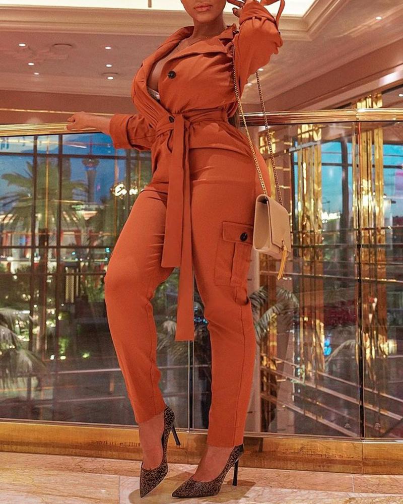 

Long Sleeve Buttoned Cargo Jumpsuit, Brown