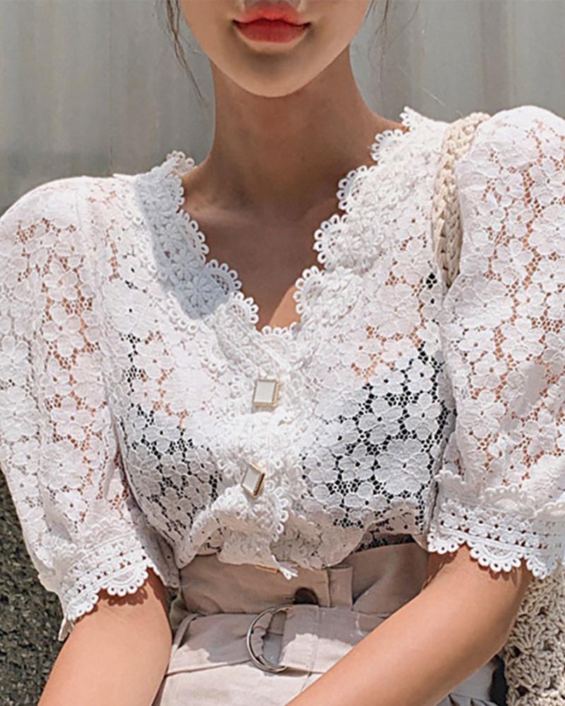 

Floral Pattern Guipure Lace Puff Sleeve Top, White