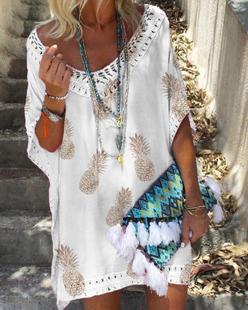 

Pineapple Print Loose Midi Dress, White