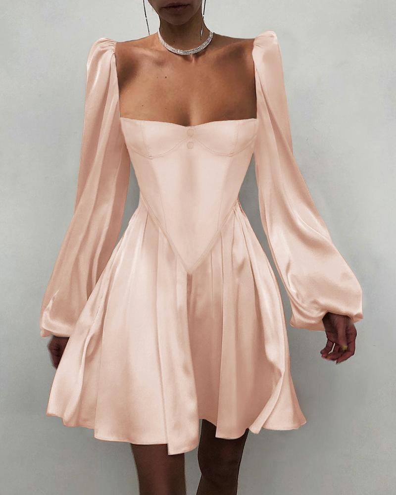 

Plain Lantern Sleeve Ruched Dress, Apricot
