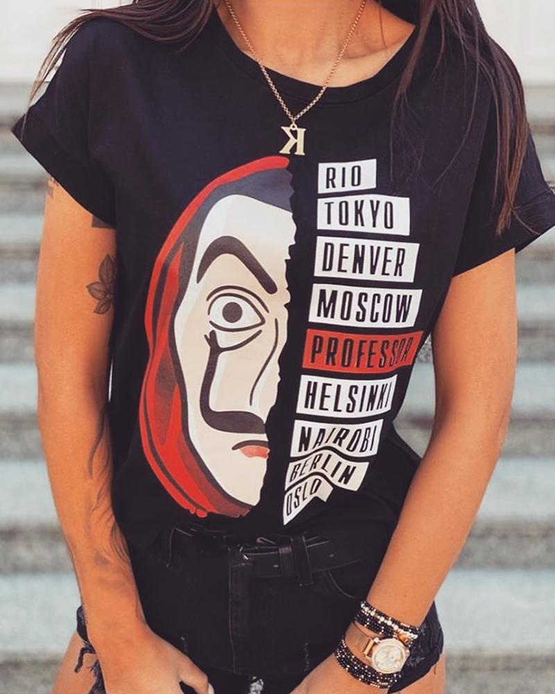 

Letter Cartoon Print Short Sleeve T-shirt, Black