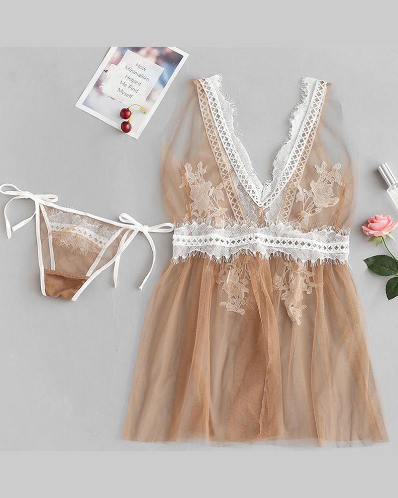 

Lace Detail Mesh Pajama Set, Khaki