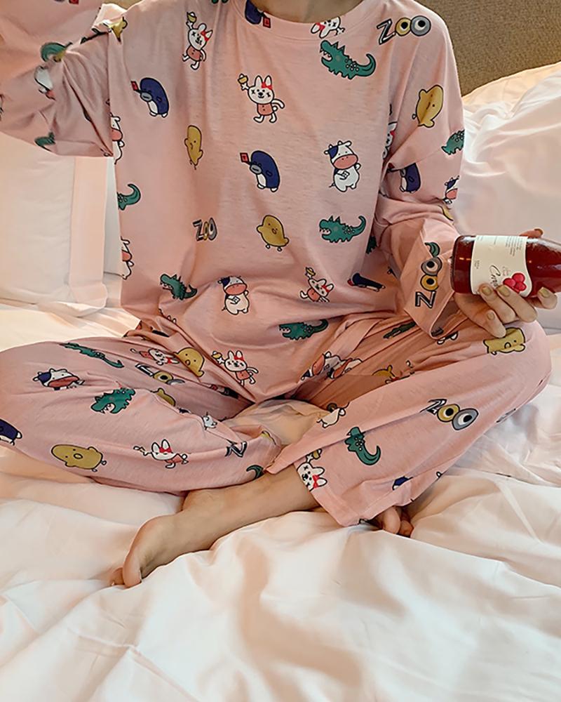 

Print Long Sleeve Pajamas Set, Pink