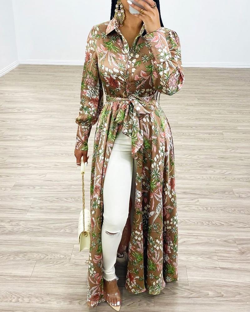 

Floral Tie Waist Maxi Shirt Dress, Multicolor