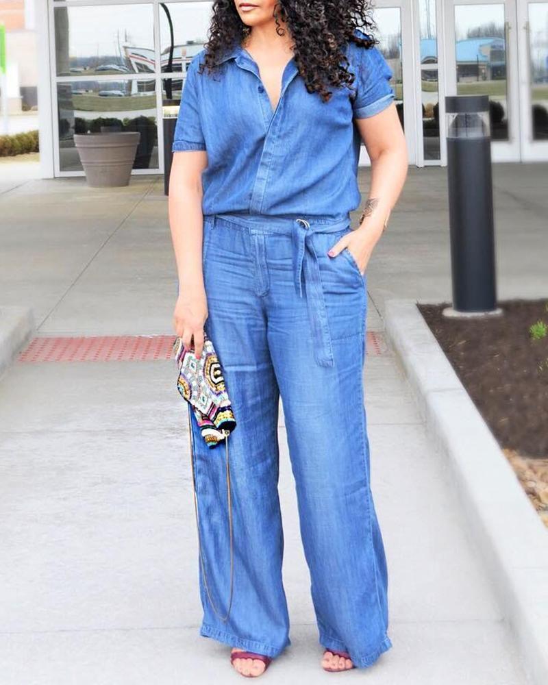 

Short Sleeve Wide Leg Denim Jumpsuit