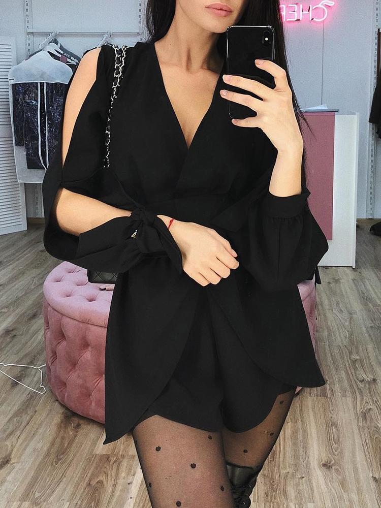 

Slit Sleeve Knot Cuff Belted Romper, Black