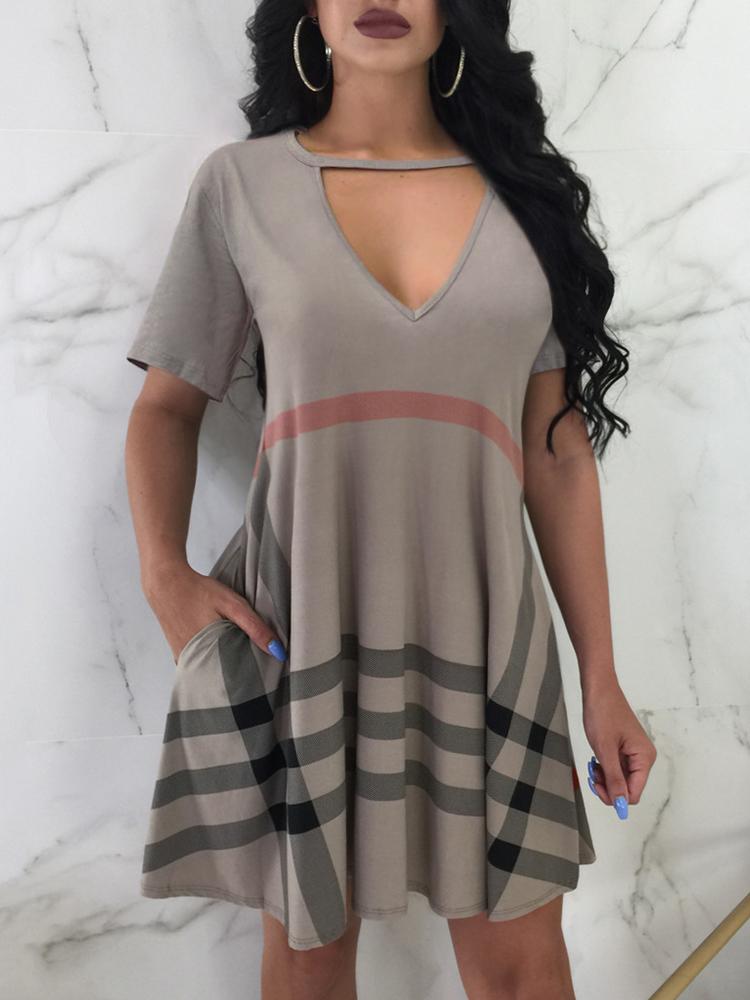 

Short Sleeve Grid Print Loose Casual Dress, Coffee
