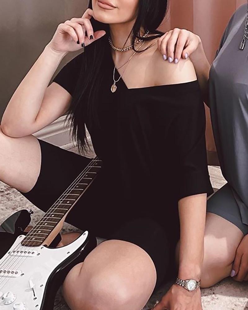 

Solid V-neck Slit Casual Top & Short Set, Black