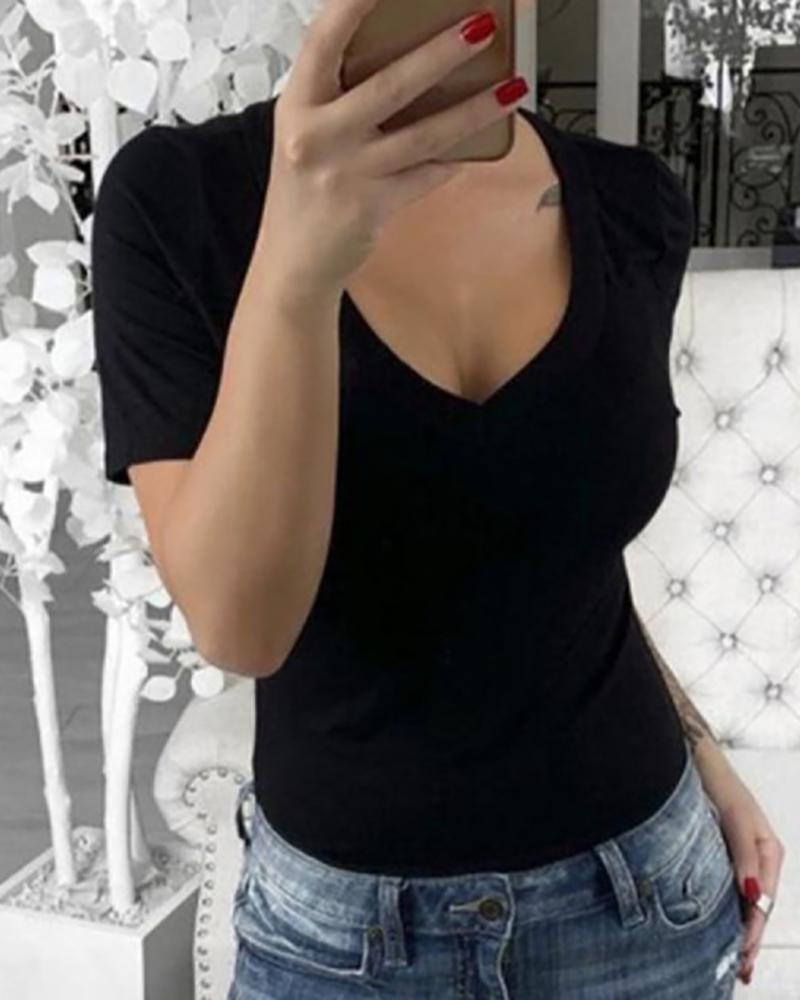 

V-neck Solid Short Sleeve Casual T-shirt, Black