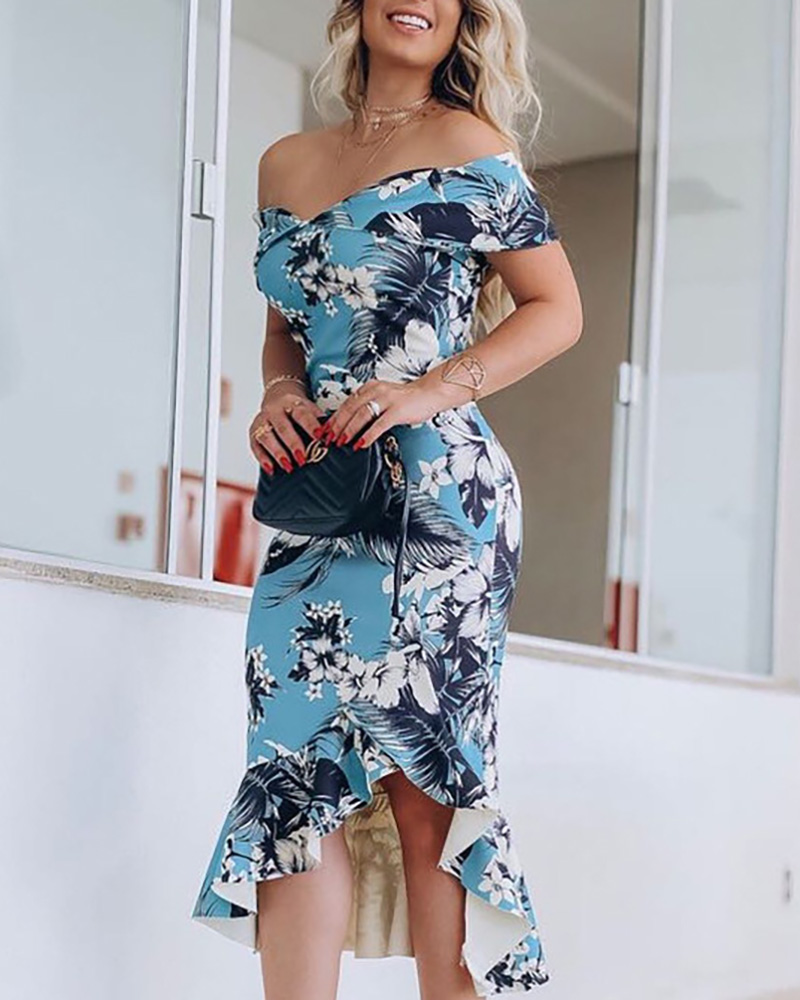 

Fold Over Off Shoulder Tight Print Ruffle Hem Dress, Blue