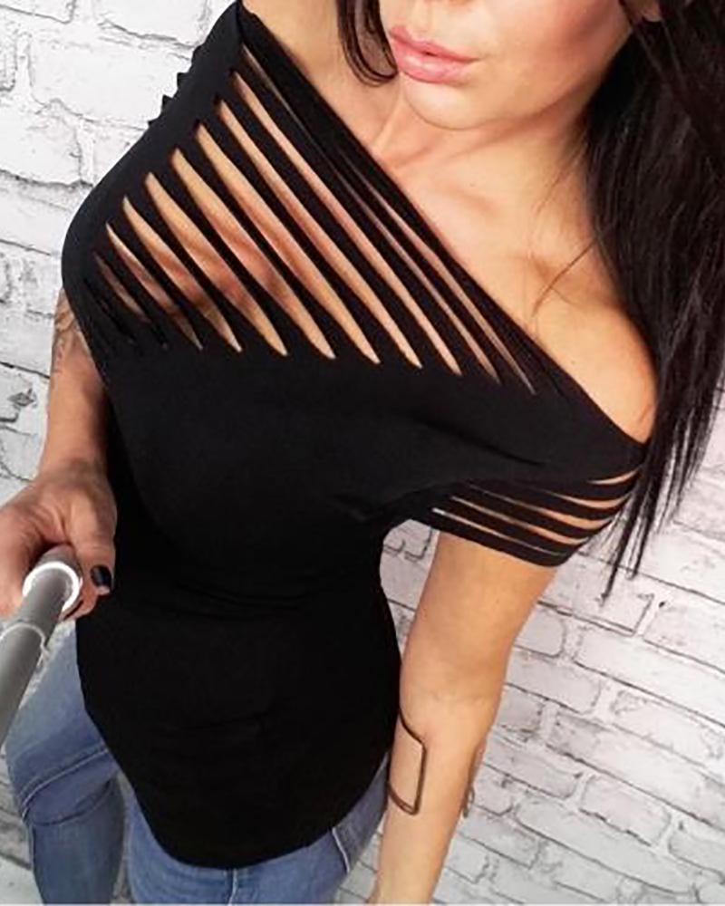 

Solid Ladder Cut Out Casual Top, Black