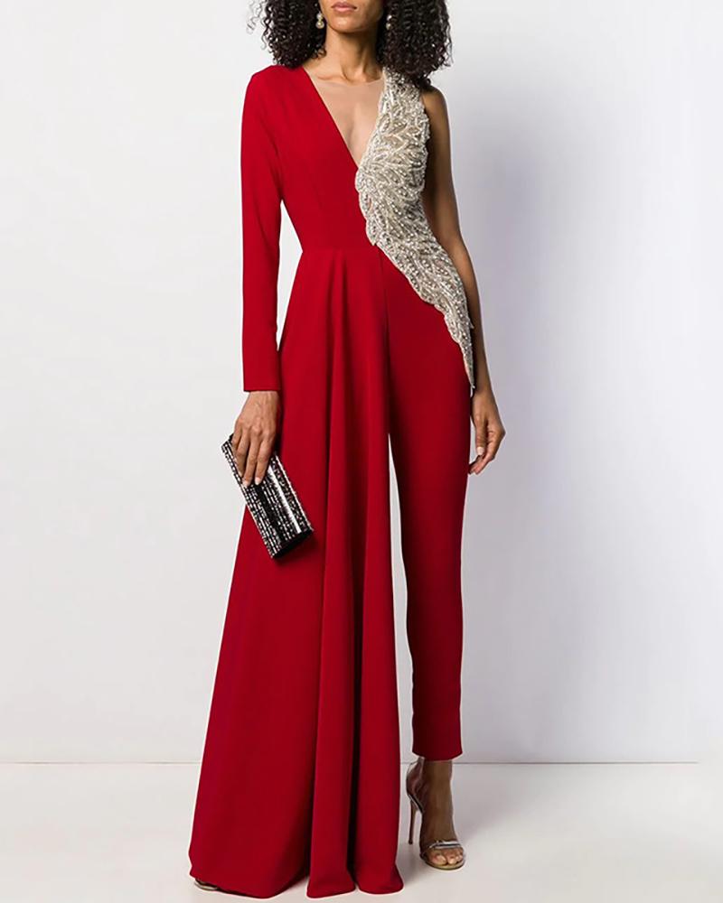 

Embroidery One Shoulder Mesh Jumpsuit, Red